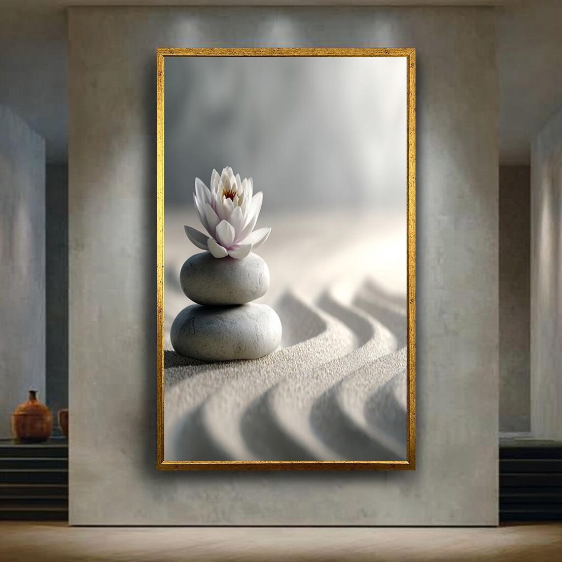 White Lotus Zen Stones Raked Sand Garden Minimalist Spa Wall Art