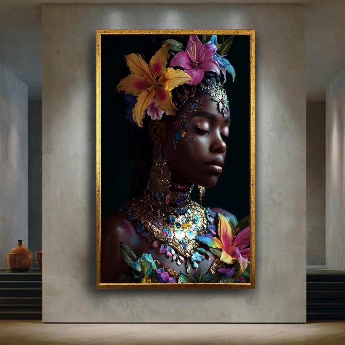 African Goddess Portrait Floral Crown Jeweled Regal Beauty Art Poster