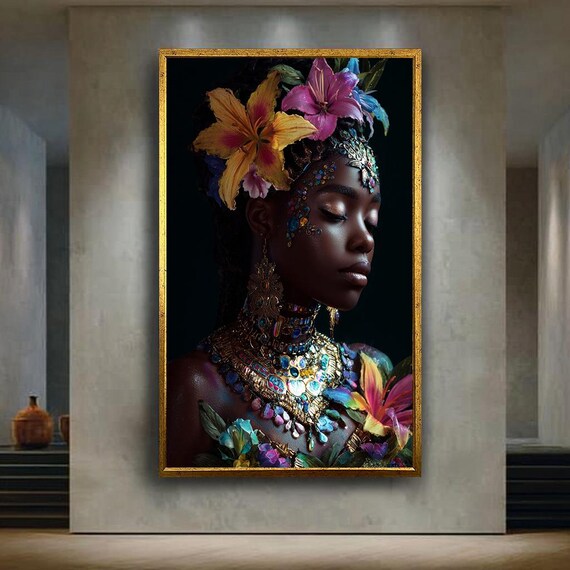 African Goddess Portrait Floral Crown Jeweled Regal Beauty Art Poster