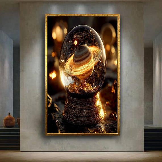 Mystical Saturn Globe Canvas Wall Art With Golden Cosmic Ring Fantasy Astronomy Print For Space Lovers Elegant Planet Decor Piece