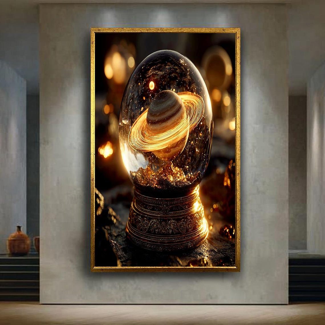 Mystical Saturn Globe Canvas Wall Art With Golden Cosmic Ring Fantasy Astronomy Print For Space Lovers Elegant Planet Decor Piece
