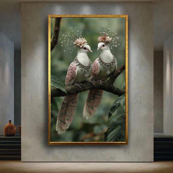 Royal Birds Wall Art Print Elegant Fantasy Animal Poster Whimsical Crowned Doves Illustration Nature Inspired Decor