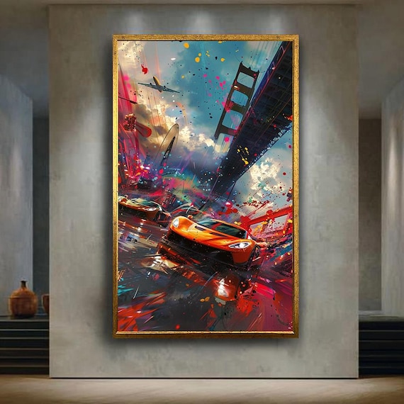 Orange Sports Car Racing Past a Bridge Explosive Splash Paint Poster