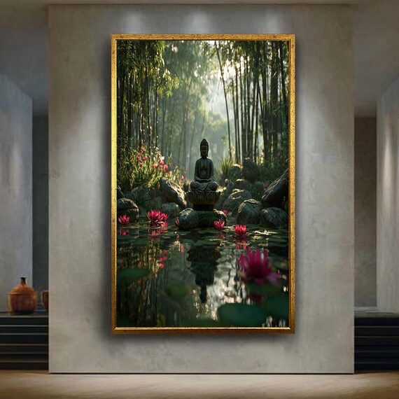 Buddha Pond Wall Art Print Zen Meditation Garden Canvas Spiritual Nature Poster Peaceful Yoga Home Decor Artwork