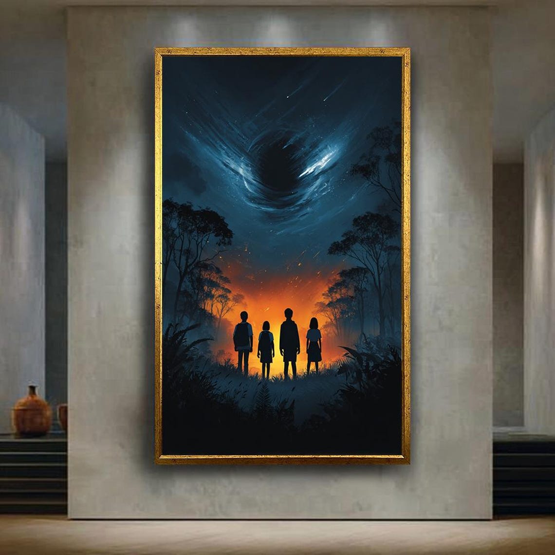 Mystery Sci Fi Canvas Wall Art Silhouettes Facing Vortex In Forest Night Sky Futuristic Space Fantasy Poster Home Decor