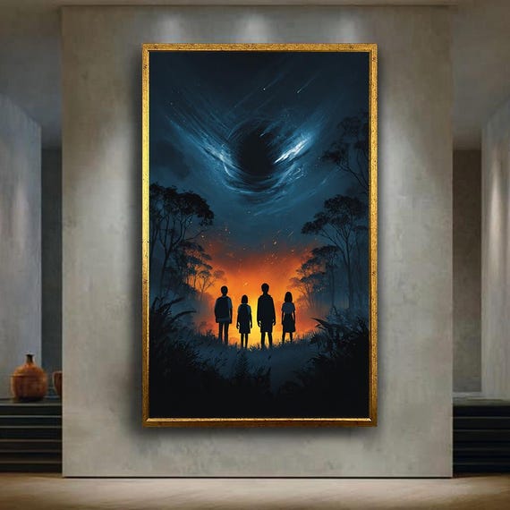 Mystery Sci Fi Canvas Wall Art Silhouettes Facing Vortex In Forest Night Sky Futuristic Space Fantasy Poster Home Decor
