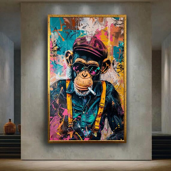 Cool Monkey Canvas Wall Art Colorful Street Style Animal Print Urban Pop Decor For Modern Home Game Room Or Office