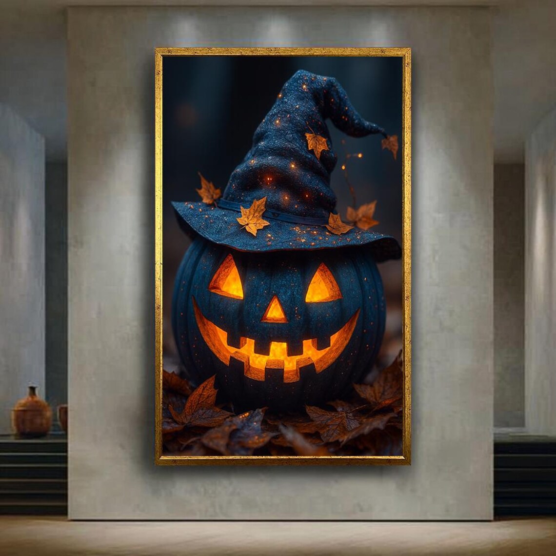 Halloween Pumpkin Canvas Wall Art Glowing Jack O Lantern Print Witch Hat Spooky Artwork For Autumn Home Or Seasonal Decor
