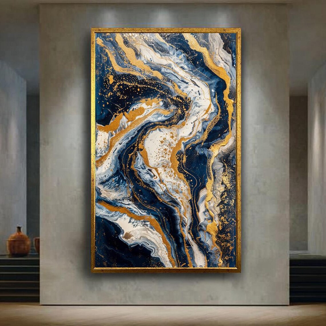 Navy Blue White and Gold Marble Abstract Swirl Canvas Art Poster