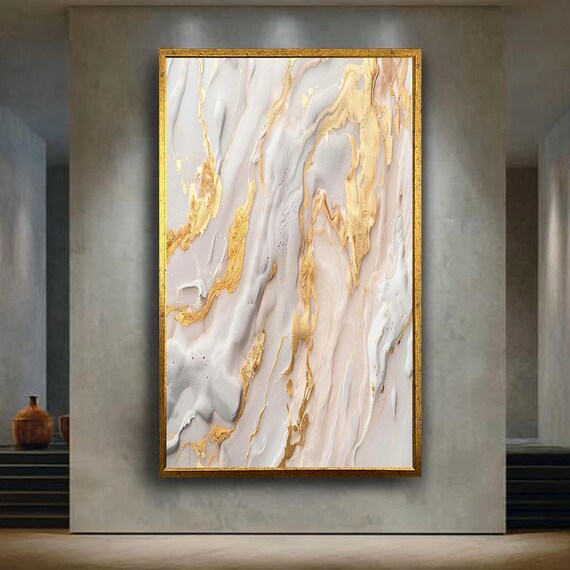 Abstract White Beige And Gold Marble Canvas Wall Art With Fluid Painting Texture Modern Luxury Minimalist Home Decoration