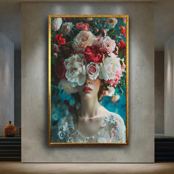 Romantic Floral Woman Portrait Canvas Wall Art Botanical Flower Crown Artwork For Home Decor Bohemian Gift Lovers
