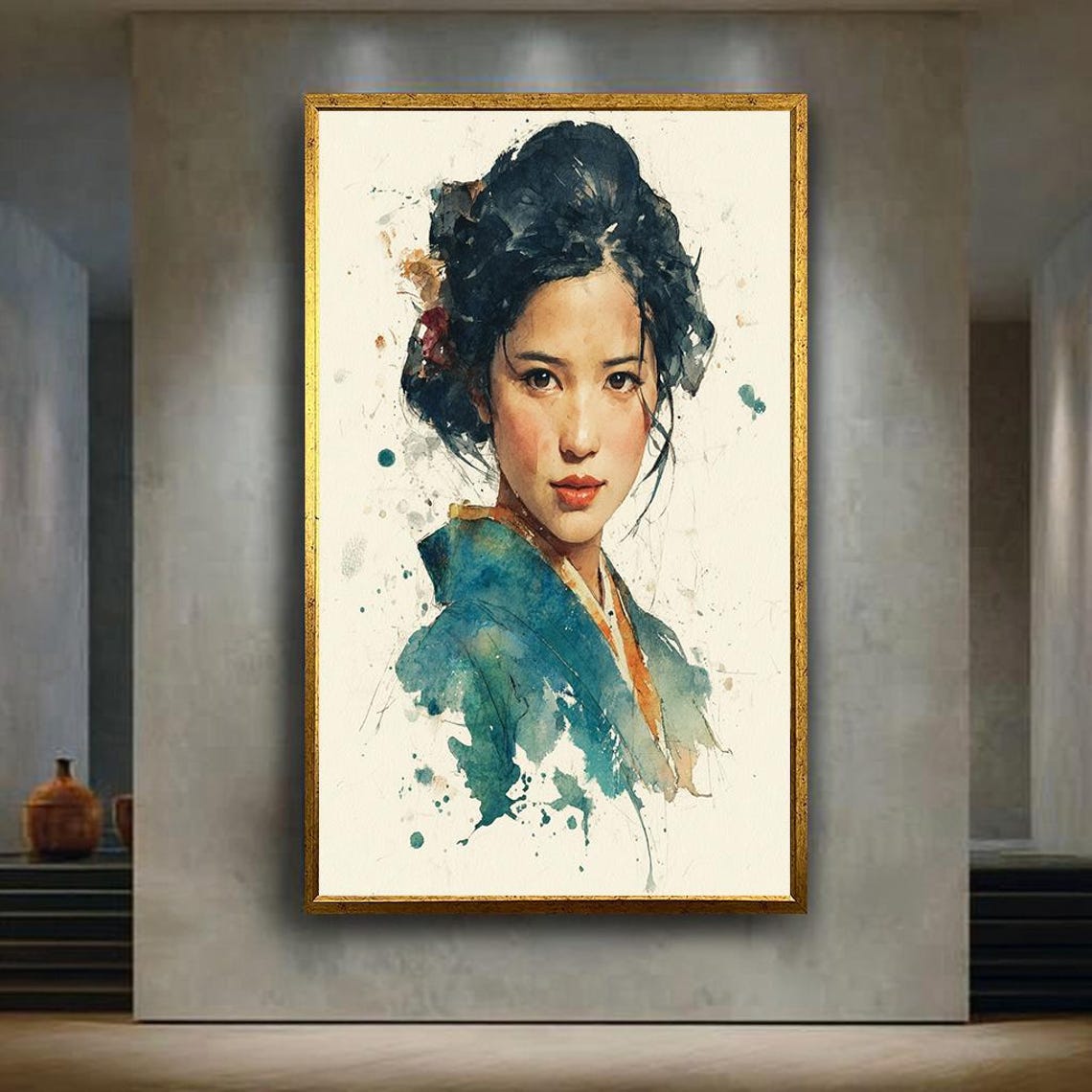 Watercolor Geisha Portrait Blue Kimono Artistic Japanese Poster