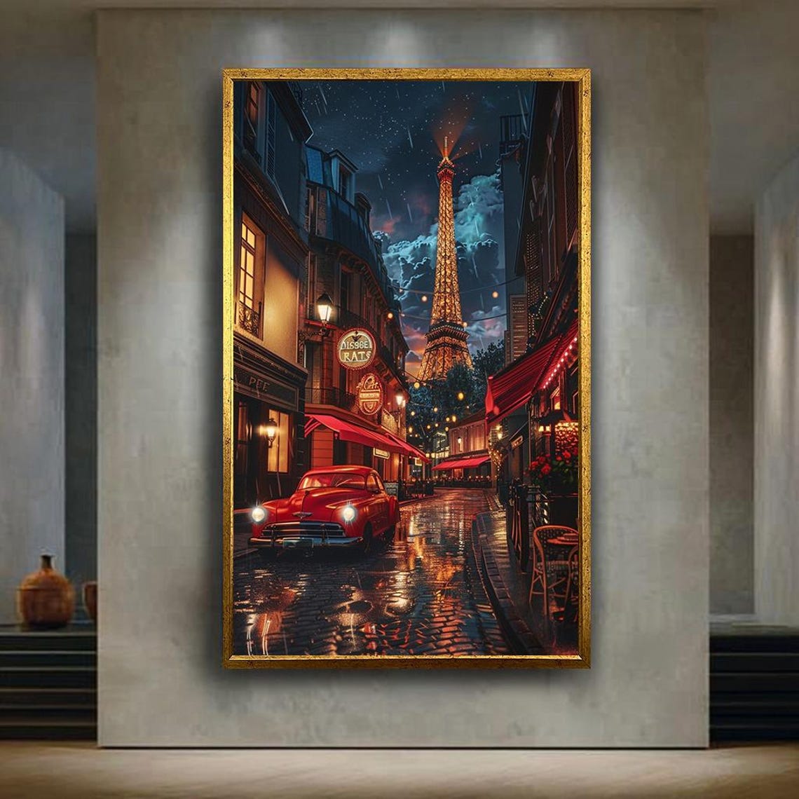 Paris Eiffel Tower Night Rainy Street With Classic Car Poster