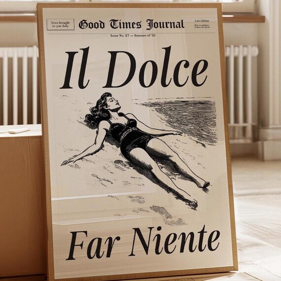 Il Dolce Far Niente Vintage Beach Swimsuit Pinup Newspaper Style Poster
