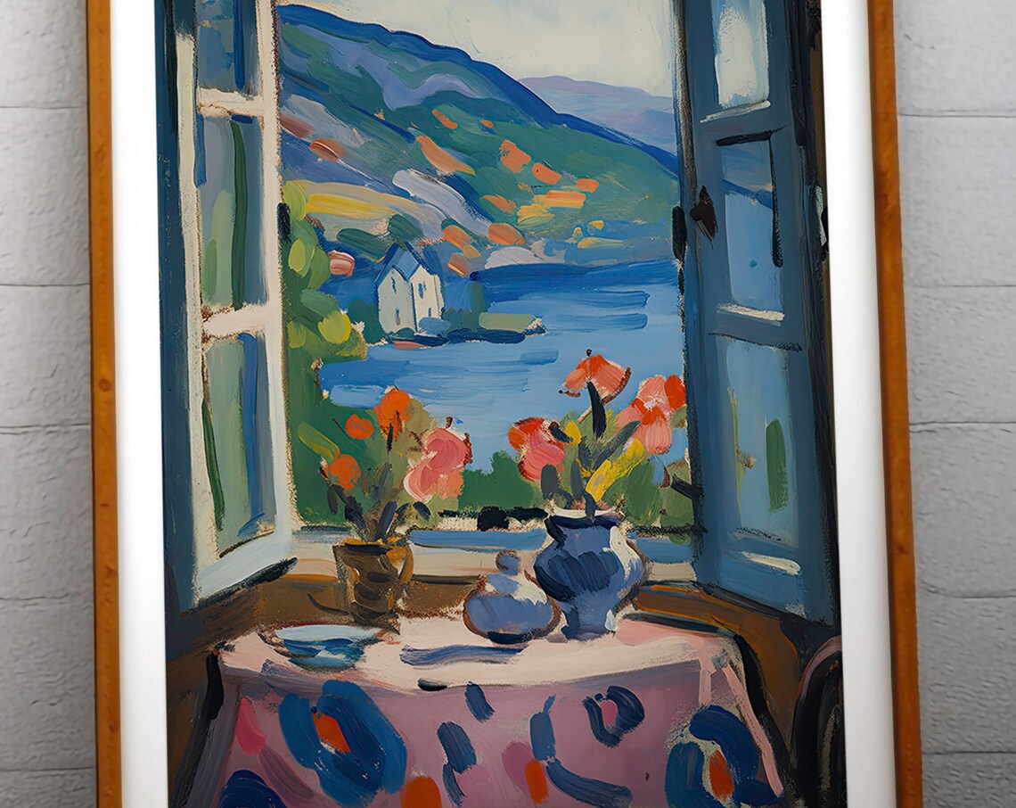 Matisse Style Open Window Flowers Coastal View Painting Print
