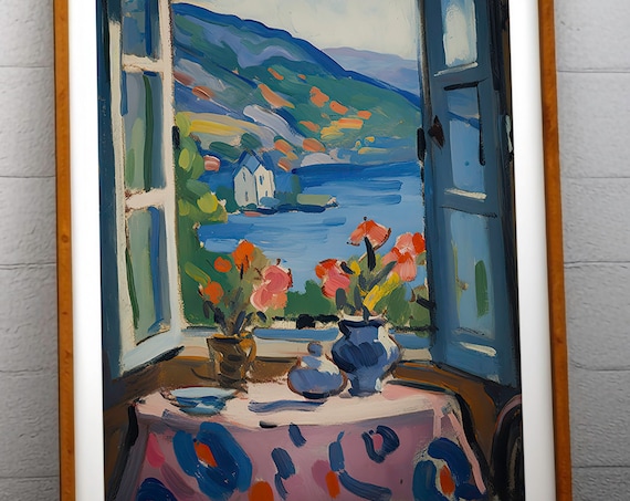 Matisse Style Open Window Flowers Coastal View Painting Print