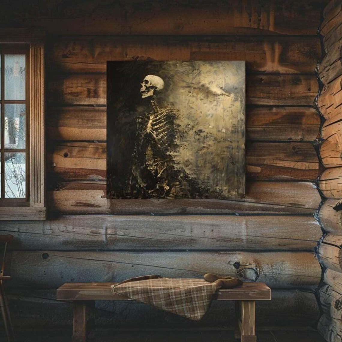 Eerie Golden Skeleton Emerging From Darkness Gothic Skull Art Poster