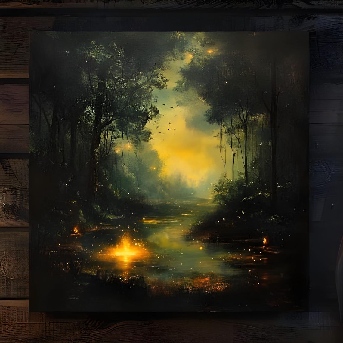 Dark Forest Lake With Golden Glowing Reflections Misty Poster