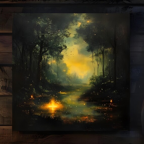 Dark Mystical Forest Square Wall Art Forest Wall Art Living Room Large Art Nature Wall Decor College Dorm Decor Green Wall Art