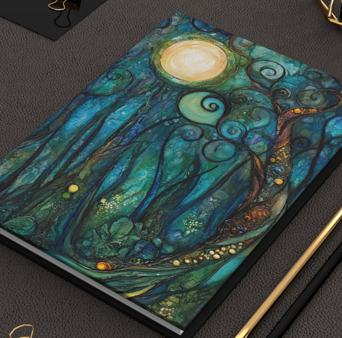 Mystical Teal Moonlit Forest Alcohol Ink Nature Journal Art Print - Image 2