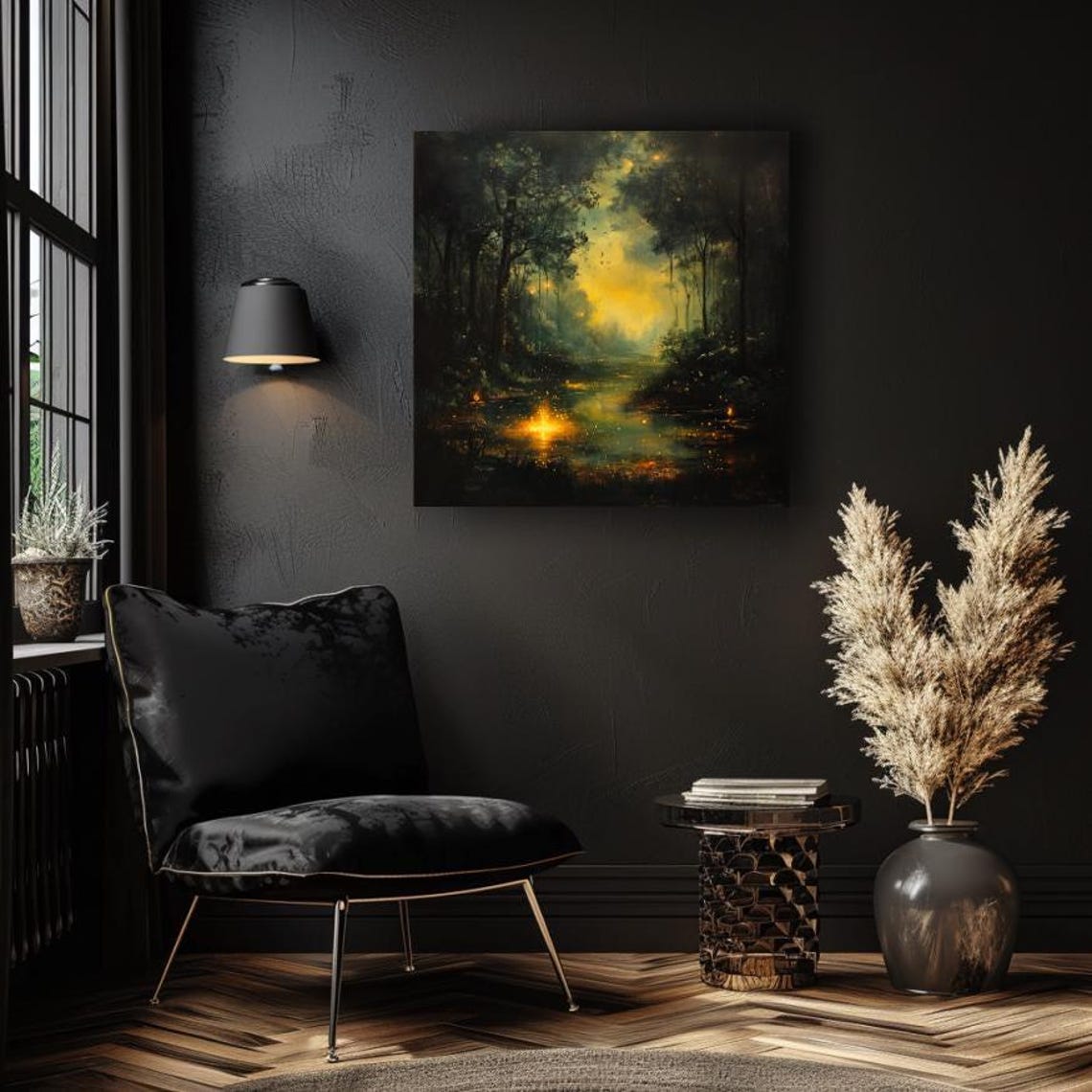 Dark Forest Lake With Golden Glowing Reflections Misty Poster - Image 4