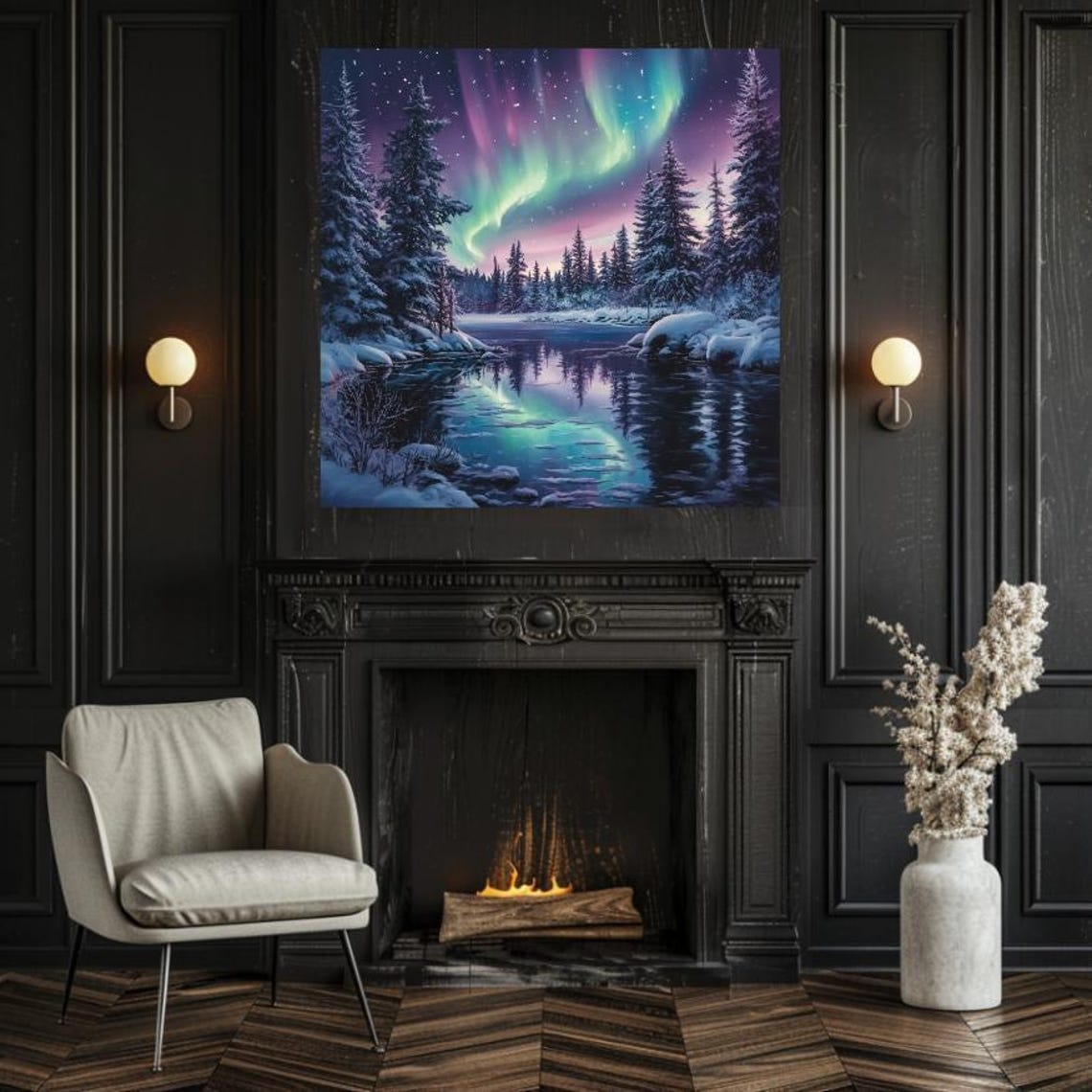 Aurora Borealis Over Snowy Pine Lake Colorful Night Sky Art Poster - Image 2