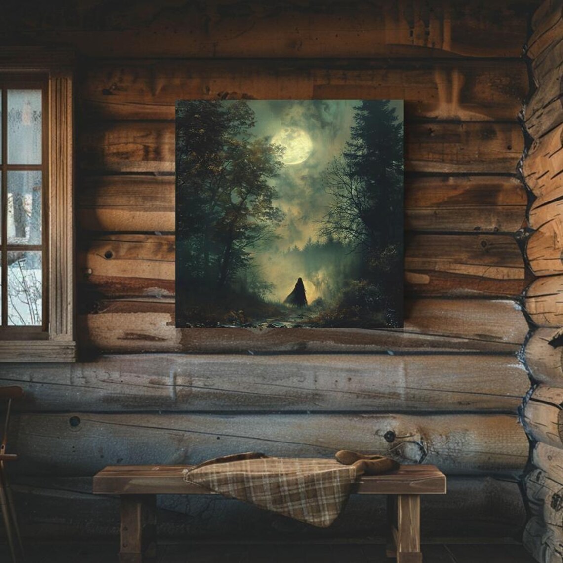 Hooded Witch Walking in Foggy Moonlit Forest Mystical Night Art Poster - Image 4
