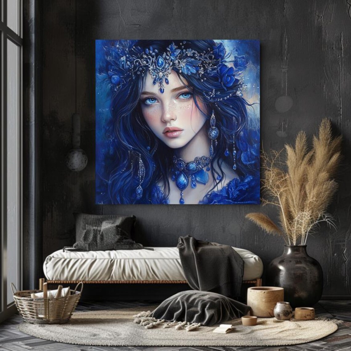 Sapphire Blue Goddess Crowned with Jewels Portrait Fantasy Art Poster - Image 3
