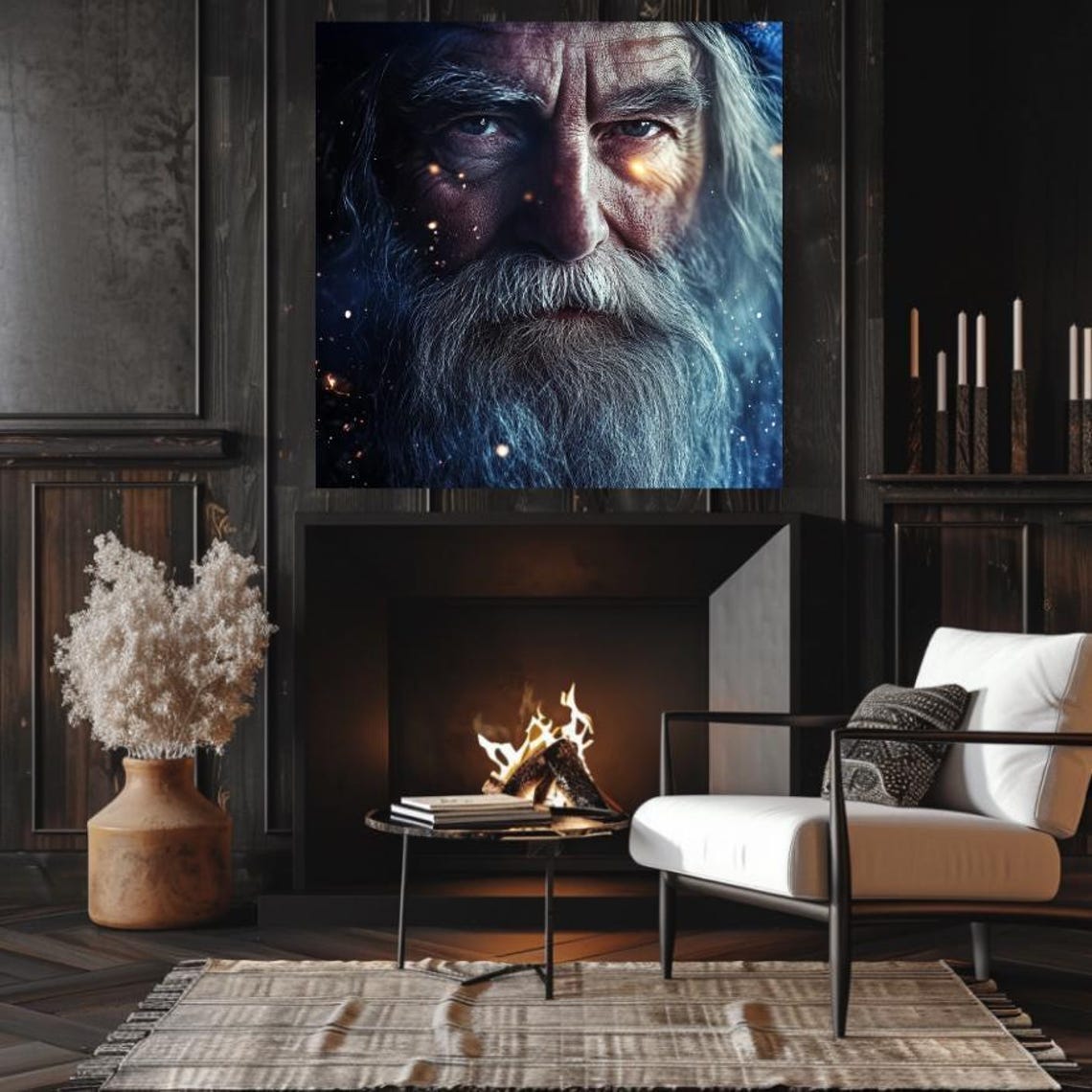 Ancient Wizard Face With Starlight Eyes Dark Magical Portrait Poster - Image 2
