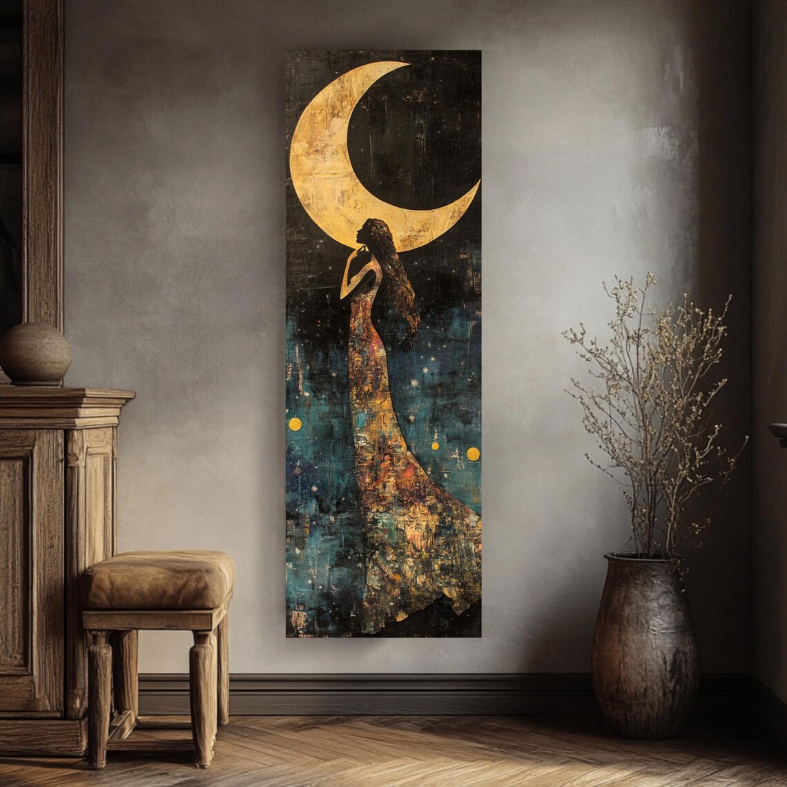 Moon Goddess Reaching Toward Golden Crescent Moon Narrow Vertical Poster - Image 4