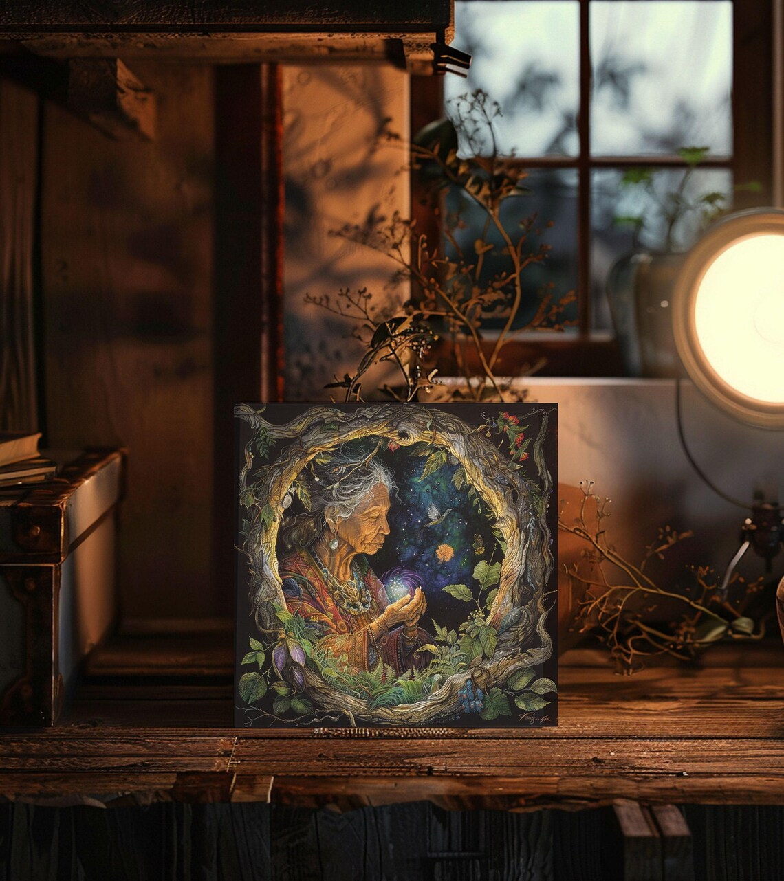 Mother Earth Elder Wise Woman Holding Cosmic Orb Nature Art Poster - Image 3