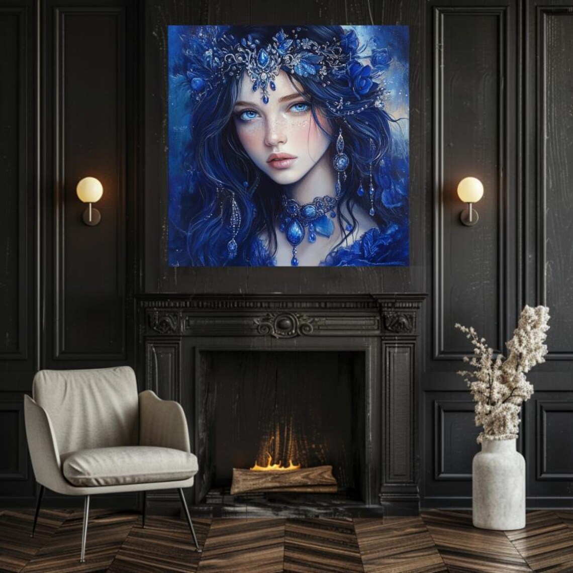 Sapphire Blue Goddess Crowned with Jewels Portrait Fantasy Art Poster - Image 2