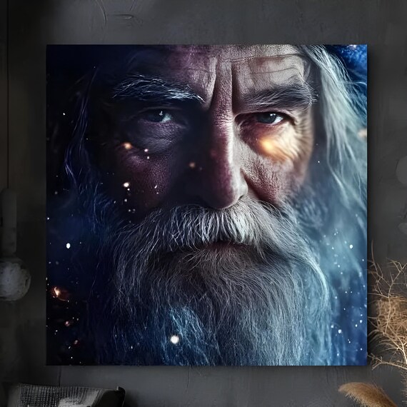 Ancient Wizard Face With Starlight Eyes Dark Magical Portrait Poster