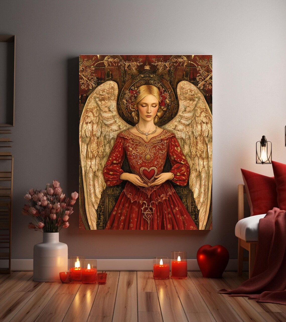 Valentine Angel in Red Gown Holding Heart Golden Wings Art Poster - Image 4