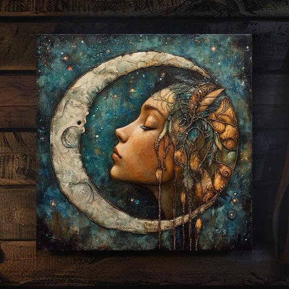 Mystical Dream Weaver Art Dreamy Goddess Wall Decor Celestial Moon Wall Art Ready To Hang Mystical Art Print Magical Art