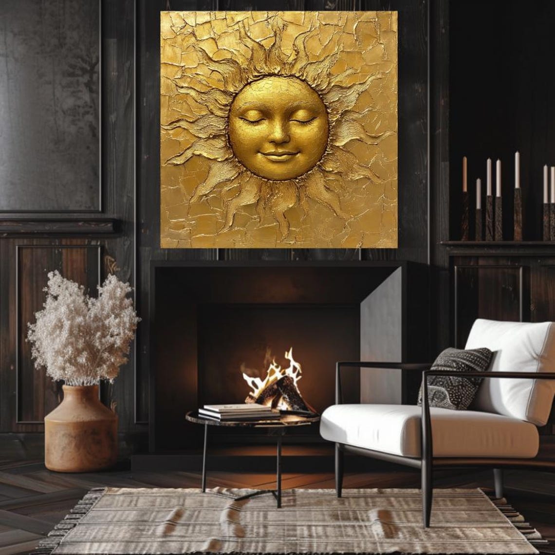 Golden Sun Face Textured Relief Celestial Mystical Sunshine Poster - Image 3