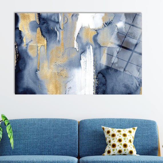 Gold Art Decor Modern Wall Hanging Framed Blue And Painting Glass Trendy Personalized