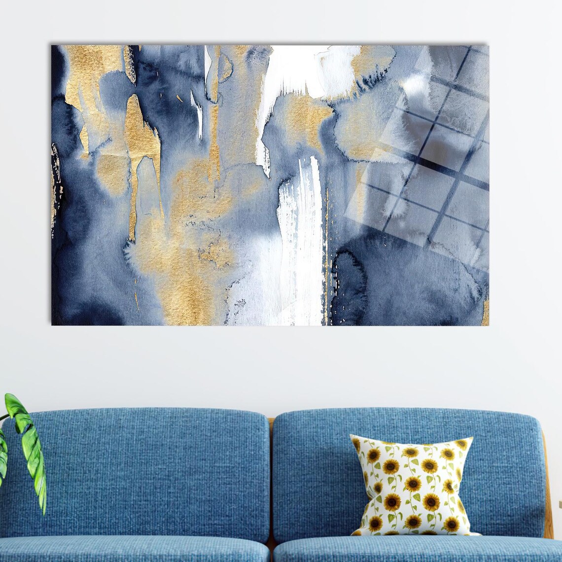 Navy Blue Gold White Watercolor Wash Abstract Modern Metallic Poster