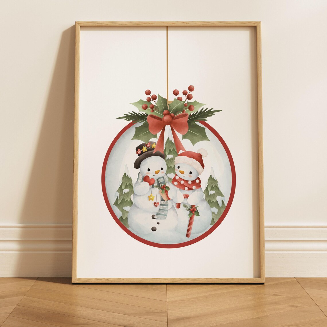 Romantic Snowman Couple Watercolor Christmas Scene