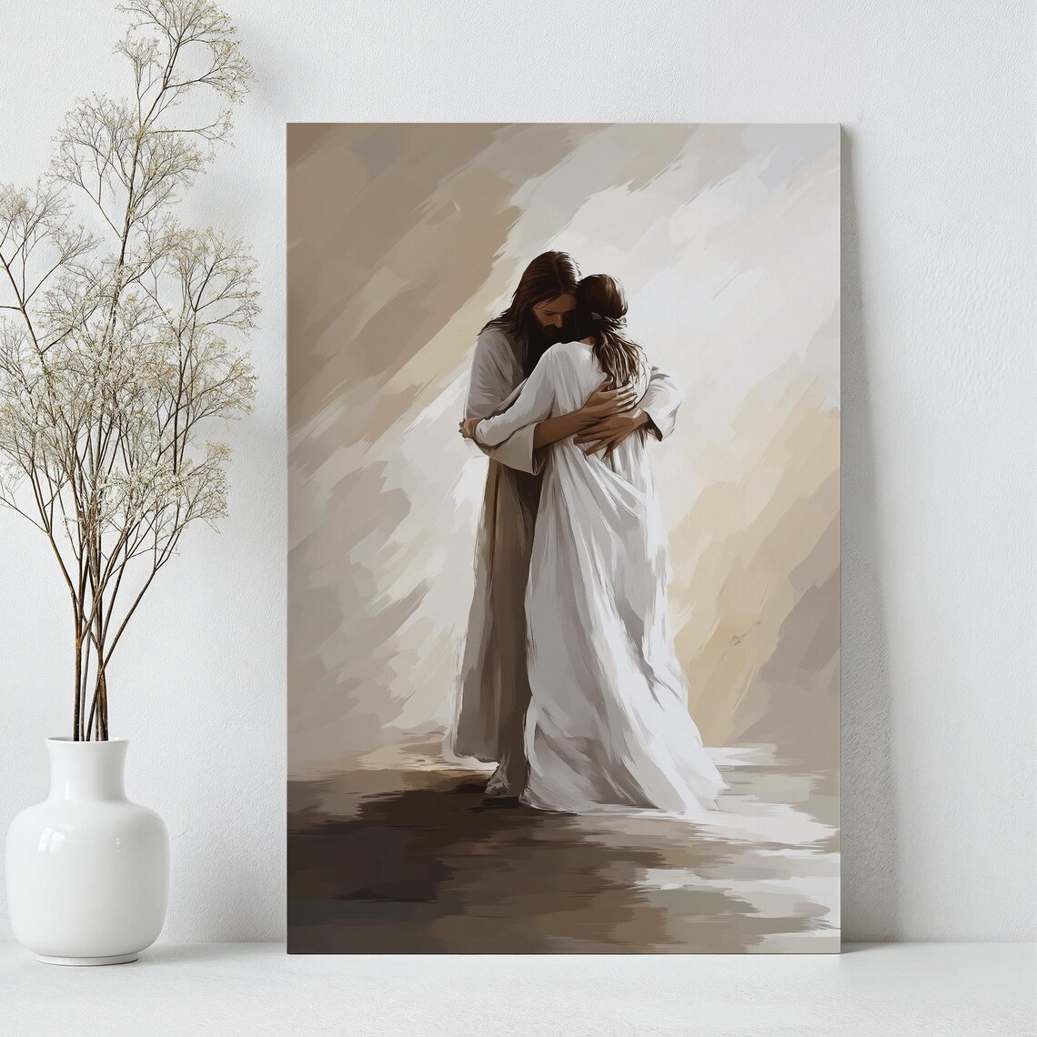 Jesus Embracing Woman In Soft Beige Watercolor Brushwork Poster