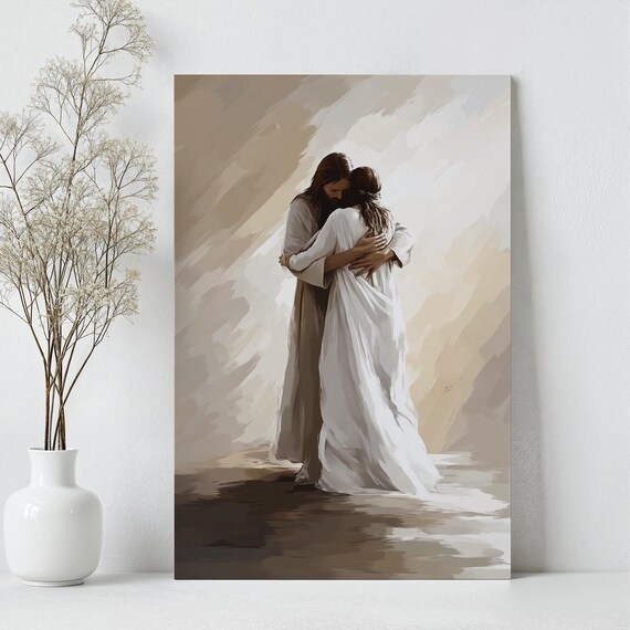 Jesus Embracing Woman In Soft Beige Watercolor Brushwork Poster