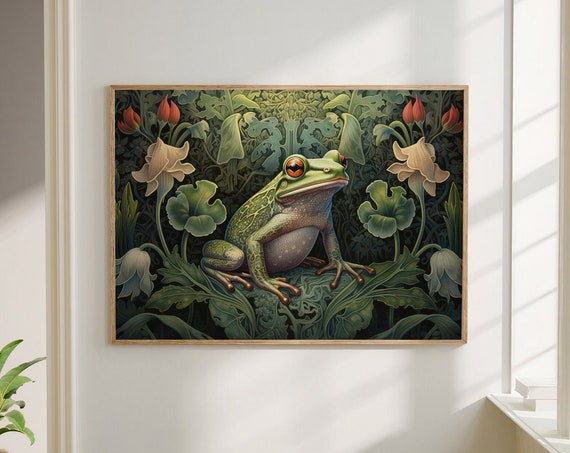 William Morris Inspired Frog Art Print Poster Rustic Farmhouse Woodland Extra Large Wall Decor Nature Cabincore 1398
