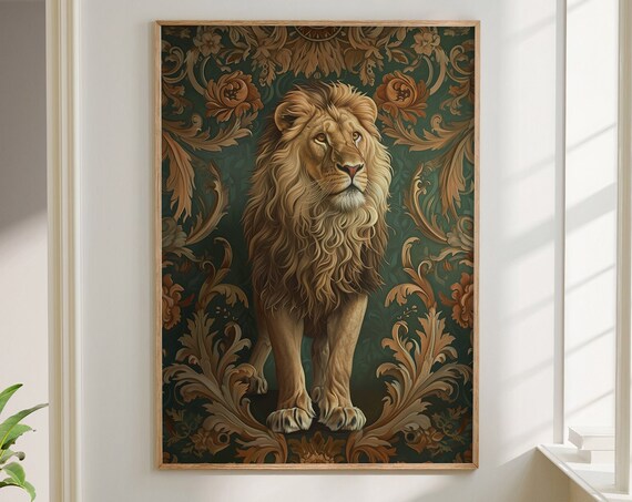 Standing Lion with Flowing Mane on Dark Baroque Damask Poster