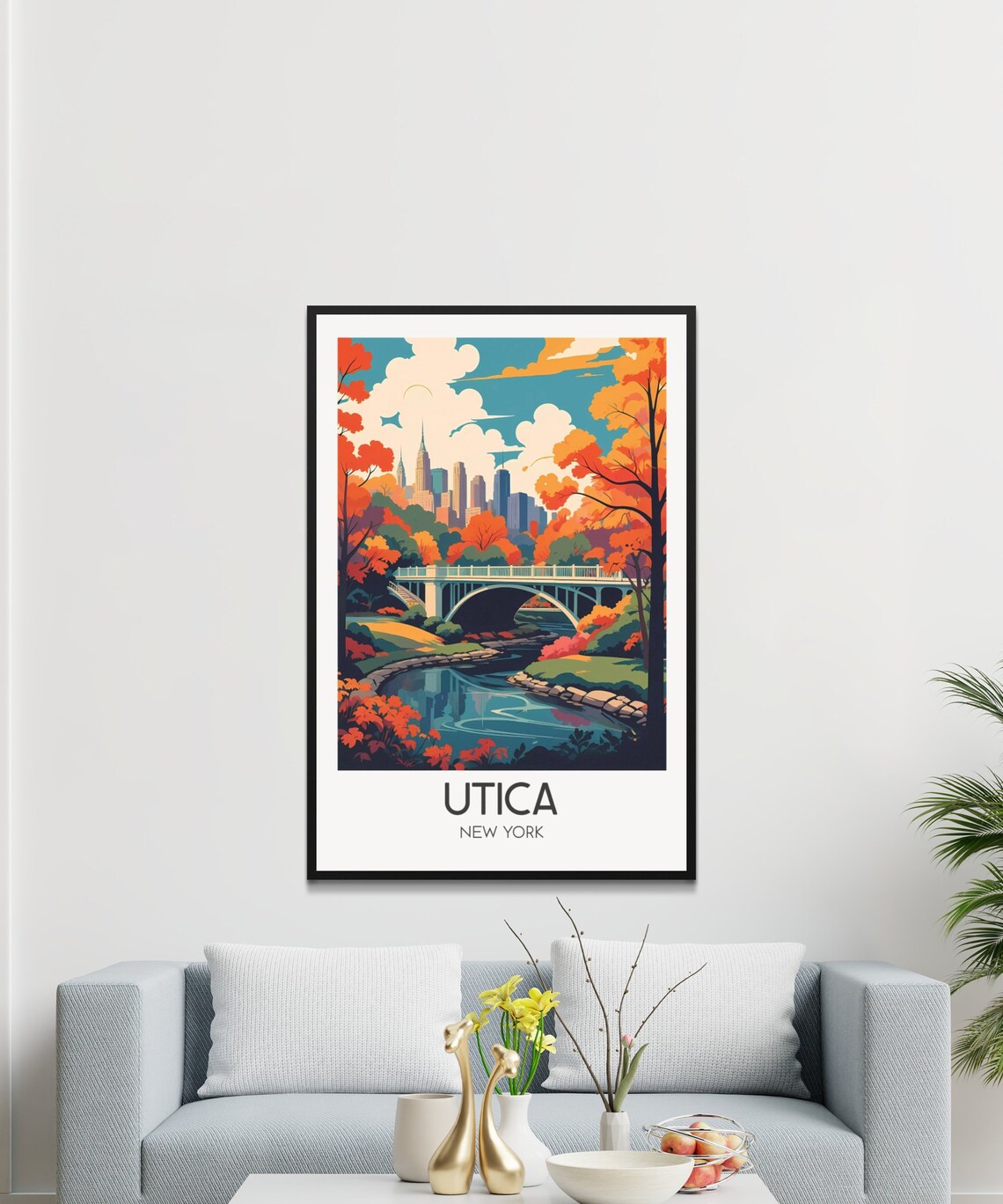 Utica New York Autumn Park Bridge Retro Cityscape Travel Poster