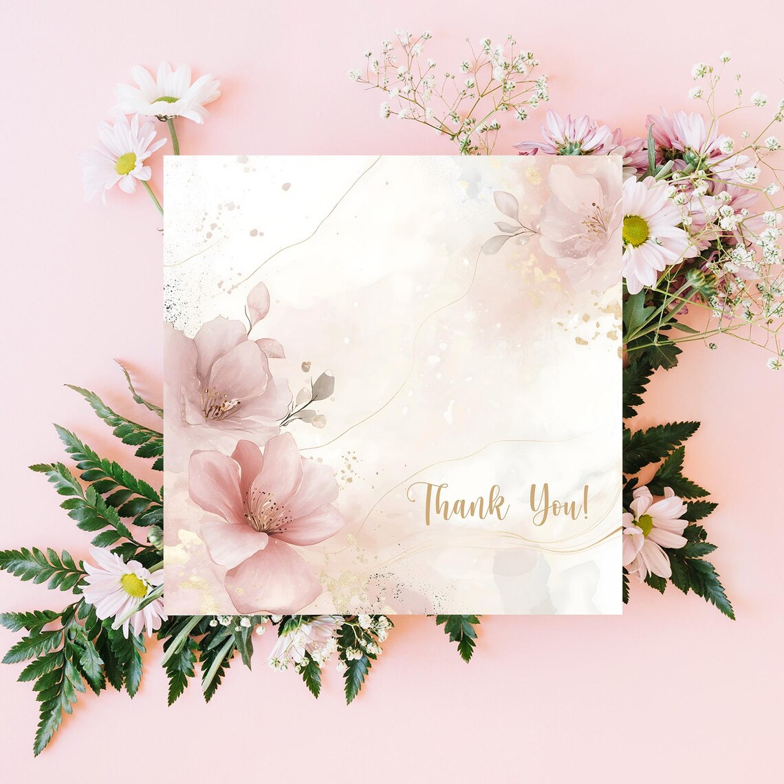 Elegant Pink Floral Thank You Card Watercolor Blossom Stationery Print