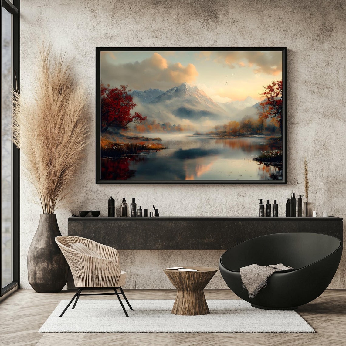 Tranquil Autumn Mountain Lake Misty Valley Morning Reflection Poster