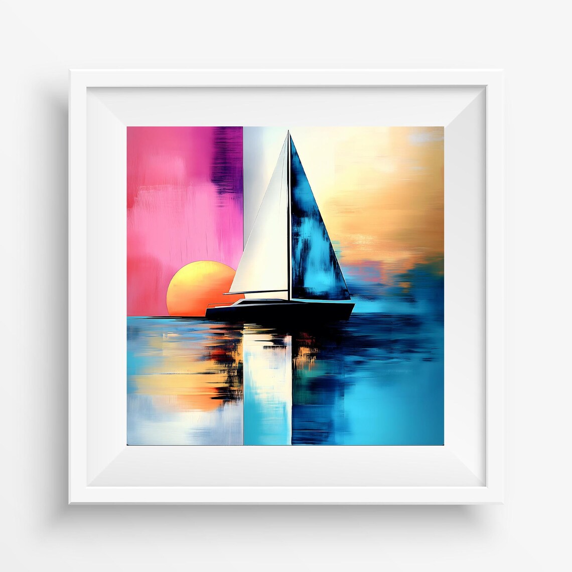Sailboat With White Blue Sails At Pink Sunrise Calm Ocean Morning Poster