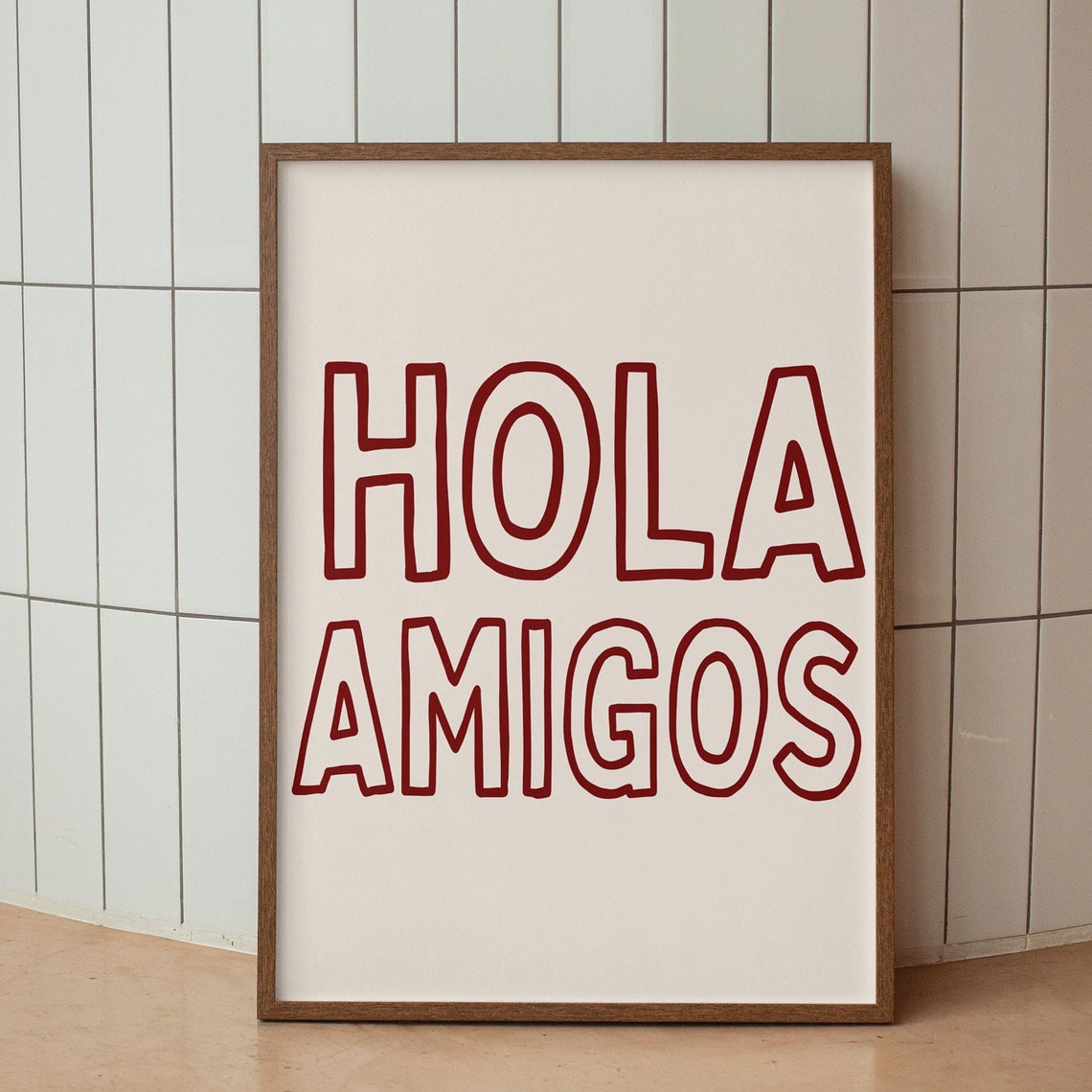 Hola Amigos Red Outline Spanish Greeting Modern Minimalist Poster