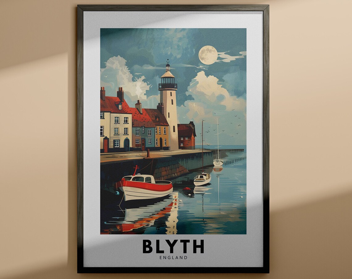 Blyth England Lighthouse Harbor Moonlit Night Coastal Travel Poster