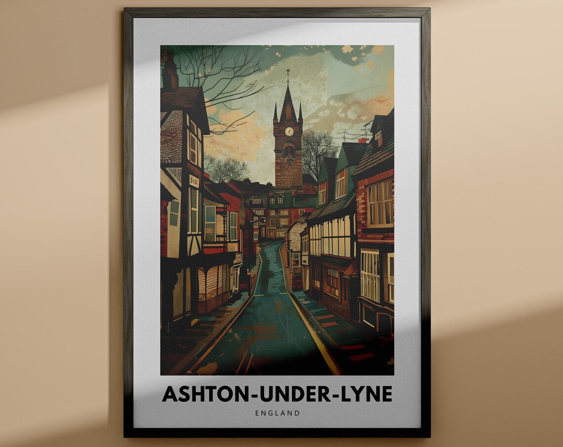 Ashton Under Lyne England Church Tower Dusk Street Vintage Travel Poster